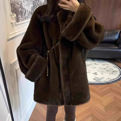 Korean Style Women Medium Long Mink Fur Coat Autumn Winter Stand Collar Eco-friendly Fur Solid Color Thickened Warm Overcoat