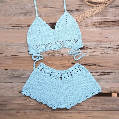 Costume da bagno bikini traforato lavorato a mano, ideale per vacanze al mare, spiaggia, sabbia, due pezzi da donna, con bordo in pizzo e design a gancio, per attività all'aperto e sport.