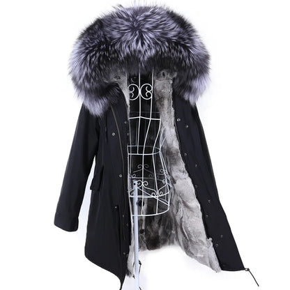 Maomaokong 2022 Giacca invernale da donna Parka lungo Impermeabile Grande pelliccia di volpe naturale vera Collo di pelliccia di procione Cappuccio Fodera in caldo coniglio