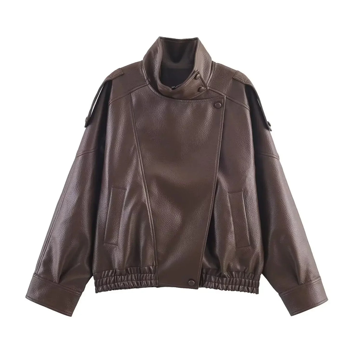 Giacca in pelle stile retrò con collo alto, maniche lunghe, revers, cerniera, giacca corta e ampia, nuova collezione primavera/autunno 2026.
