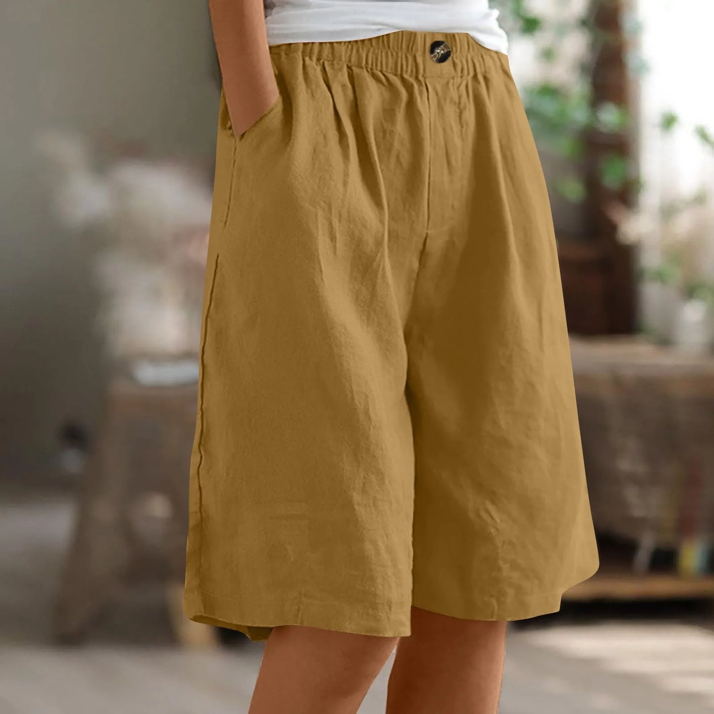Female Fashion Solid Color Elastic High Waist Pocket Button Up Loose Cotton Linen Five Length Shorts Summer Soft Comfort Pants