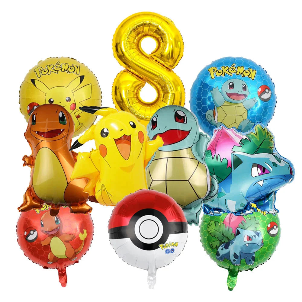 10 palloncini a tema cartoni animati per feste, tra cui Pikachu, il piccolo drago di fuoco, Jenny e la tartaruga, decorazioni per feste di compleanno per bambini e regali.
