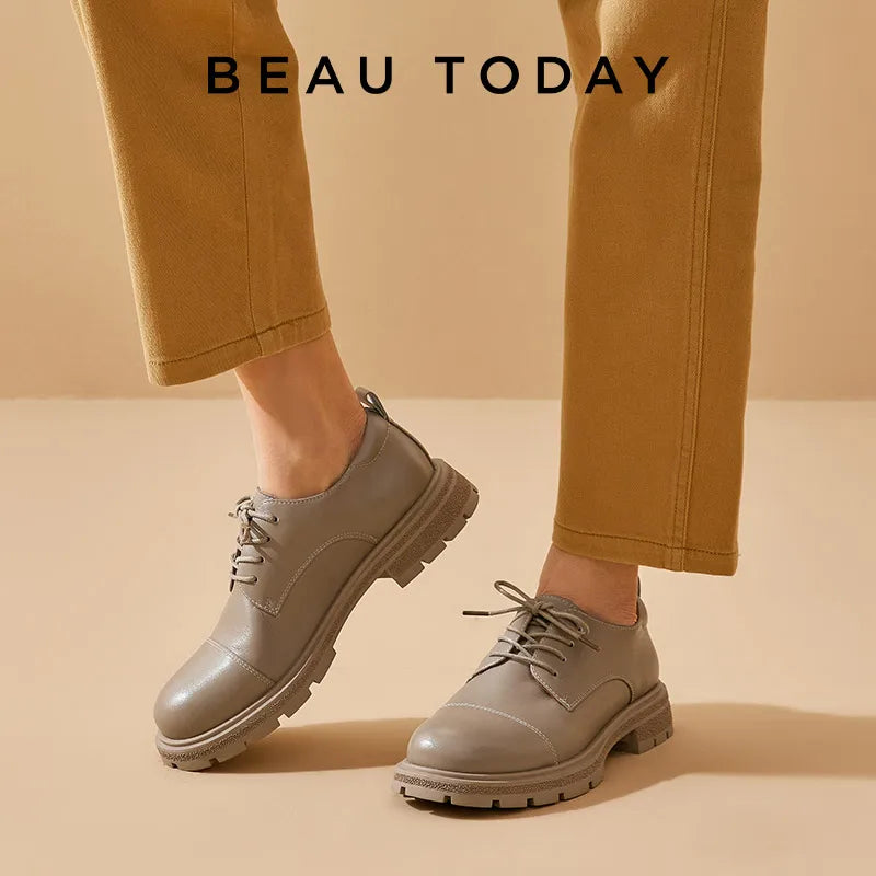 BEAUTODAY Scarpe Derby da donna in vera pelle, basse, punta tonda, allacciatura, tacco quadrato, casual, Oxford, fatte a mano 21529