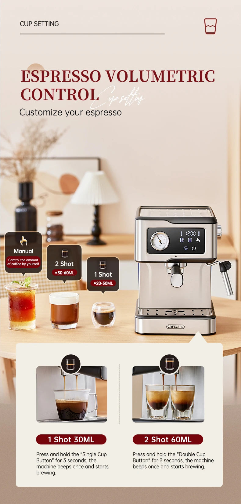 Macchina per caffè espresso Cafelffe 20 bar, macchina per cappuccino con montalatte e lancia vapore, macchina per caffè, regalo Cafetera semi-automatica