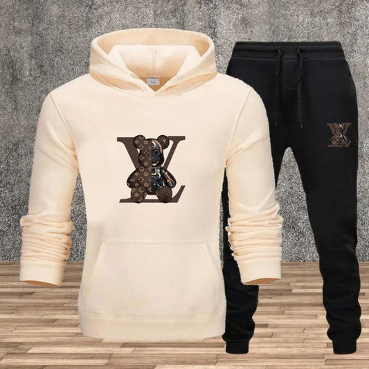 Nuovo set da uomo con felpa con cappuccio stampata, tessuto morbido, casual, streetwear, fitness, jogging, abbigliamento sportivo, completo a 2 pezzi, comodo