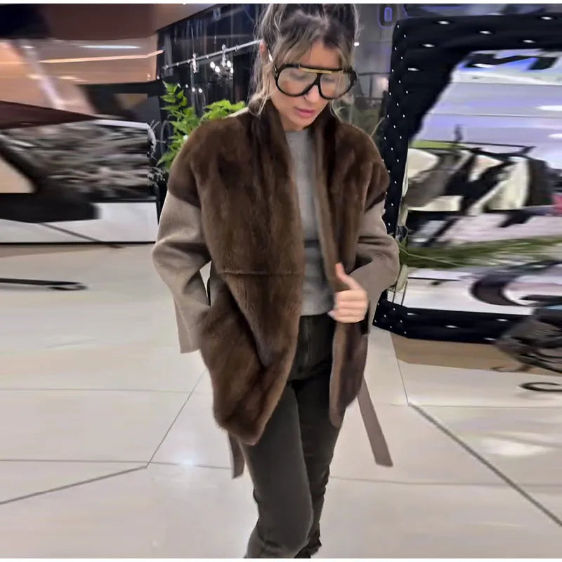 2025 Chic Plush Patchwork Coat Women Vintage Stand Collar Zipper Short Jackets Coats Female Winter Casual Street Outerwear