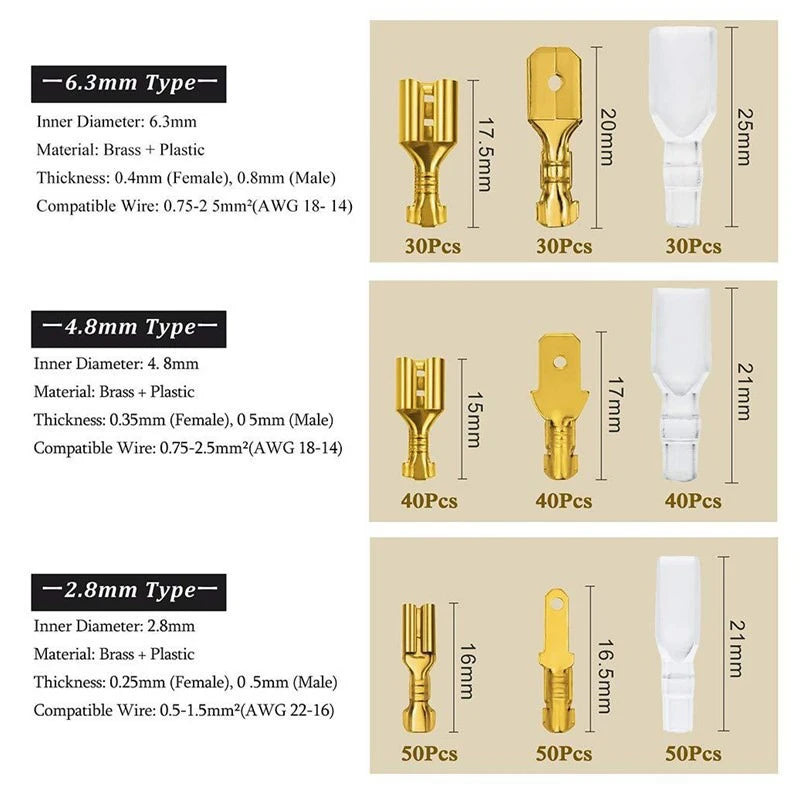 Insulated Male Female Wire Connector Tabs Set 2.8/4.8/6.3mm Electrical Crimp Terminals Brass Spade Terminal Connectors Kit