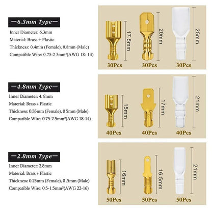 Insulated Male Female Wire Connector Tabs Set 2.8/4.8/6.3mm Electrical Crimp Terminals Brass Spade Terminal Connectors Kit