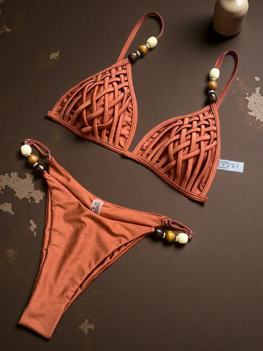 Bikini sexy marrone 2026 da donna con perle, spalline, fori, reggiseno push-up, perizoma, costume da bagno brasiliano da spiaggia, micro costume da bagno