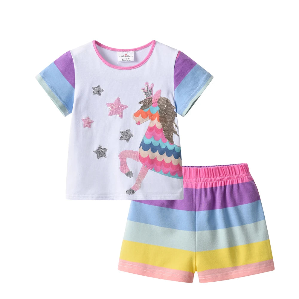 Completo estivo per bambine VIKITA con unicorno, paillettes e applicazioni, composto da maglietta a righe in cotone e pantaloni, 2 pezzi.