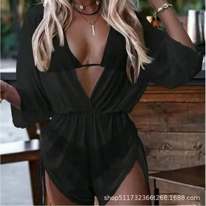 Conservative Leaf Print Bikini Three Piece Set Waist Cinching String Sports Style Beach Swimsuit High Elasticity Polyester