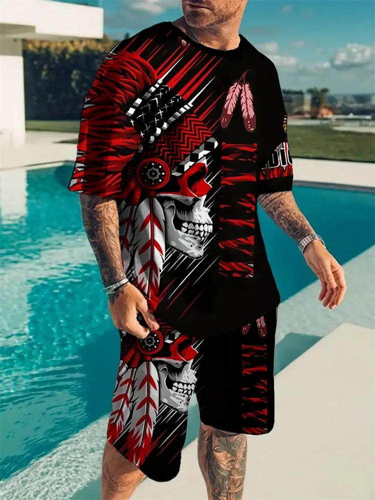 Vacation Casual Short Sleeve T Shirt Outdoor Street Shorts Summer Men's Short Sleeve Shorts Set Mens Skull Printed Set Hot Model