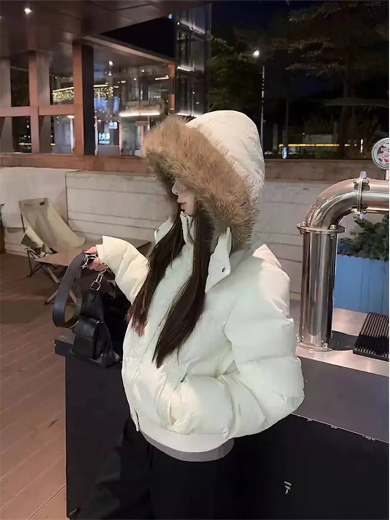 Fashion Women's Loose Short Down Cotton Jacket with Detachable Hat Fur Collar Parkas Winter Warm Thicken Snow Outerwear