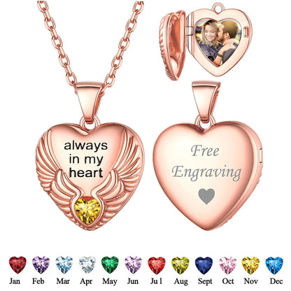 Ciondolo a forma di cuore con ali d'angelo in argento 925 U7 con pietre portafortuna, collana con ciondolo portafoto personalizzato per donna, gioiello commemorativo con foto di famiglia.
