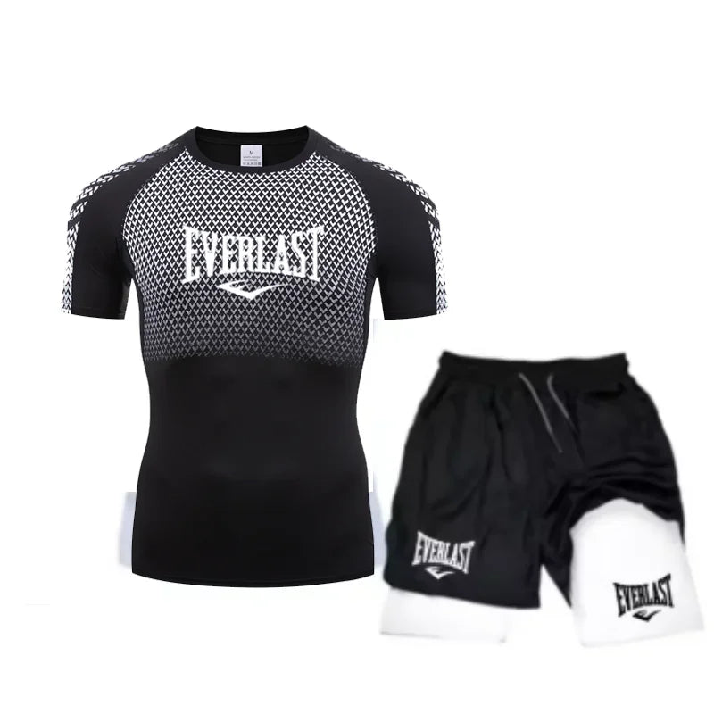 EVERLAST Maglietta a compressione da uomo + pantaloncini sportivi 2 in 1 Set 2 pezzi Tempo libero Traspirante Manica corta Sport Jogging Palestra Abbigliamento di marca Stampa