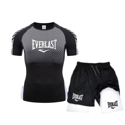 EVERLAST Maglietta a compressione da uomo + pantaloncini sportivi 2 in 1 Set 2 pezzi Tempo libero Traspirante Manica corta Sport Jogging Palestra Abbigliamento di marca Stampa
