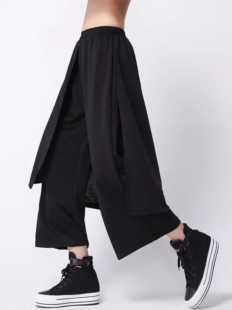 [EAM] High Elastic Waist Black Irregular Spliced Long Wide Leg Pants New Trousers Women Fashion Tide Spring Autumn 2026 1DJ1837