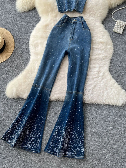 Completo pantaloni da donna in denim, due pezzi, coordinati sexy, senza maniche, corto, Y2k, pantaloni lunghi a zampa, vita alta, slim, hot diamond