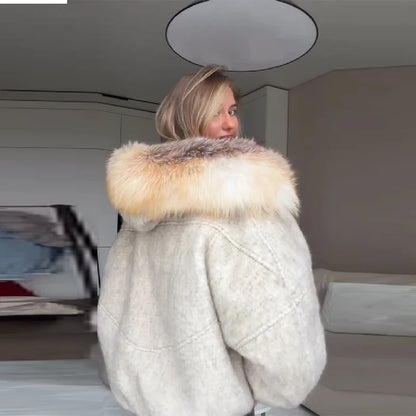 Oversized Winter Women's Coat Wide Faux Fur Collar Hooded Jacket Loose Single Breasted Outwears 2025 New Trendy Warm Lady Coats