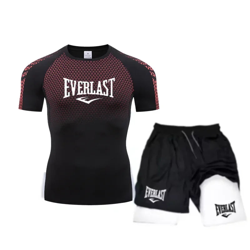 EVERLAST Maglietta a compressione da uomo + pantaloncini sportivi 2 in 1 Set 2 pezzi Tempo libero Traspirante Manica corta Sport Jogging Palestra Abbigliamento di marca Stampa