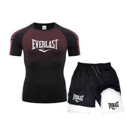 EVERLAST Maglietta a compressione da uomo + pantaloncini sportivi 2 in 1 Set 2 pezzi Tempo libero Traspirante Manica corta Sport Jogging Palestra Abbigliamento di marca Stampa