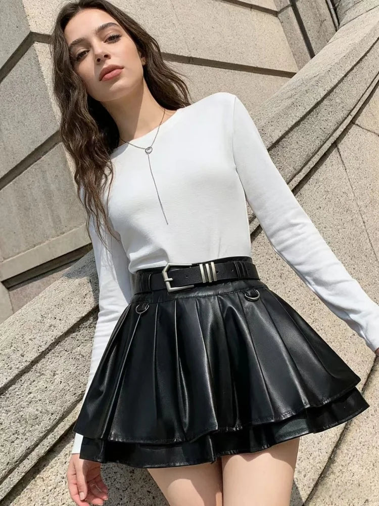 Women Black A-line Leather Skirt Vintage Aesthetic Y2k Pleated Skirt Harajuku Korean Gothic Mini Skirt Emo 2000s Clothes Summer