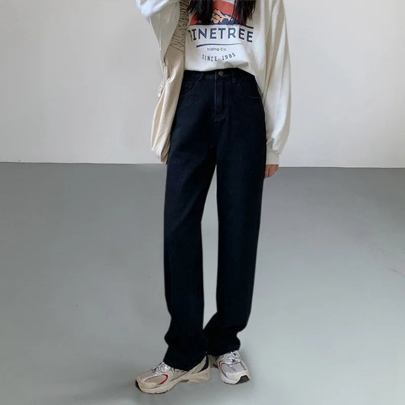 Jeans snellenti a vita alta e gamba larga da donna, modello ampio e comodo, nuova versione coreana, pantaloni lunghi fino al pavimento con gamba dritta e drappeggio.