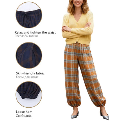 Trendy Plaid Lantern Drawstring Casual Pants Loose Fit With Drawstring Versatile Womens Everyday Workwear Pants Trafizaran