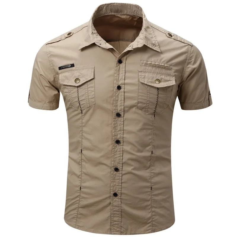 Camicia tattica militare estiva da uomo casual 100% cotone 2025, a maniche corte, tinta unita, con tasca