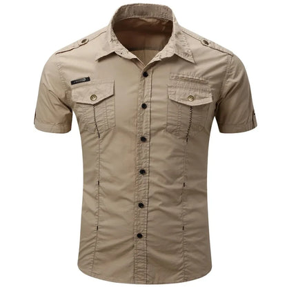 Camicia tattica militare estiva da uomo casual 100% cotone 2025, a maniche corte, tinta unita, con tasca