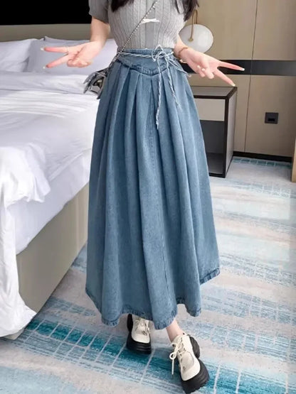 Plus Size Denim Pleated High Waist Midi Skirt Women's Design Sense Half Body Skirt Hip Conceal Slim a Line Skirt