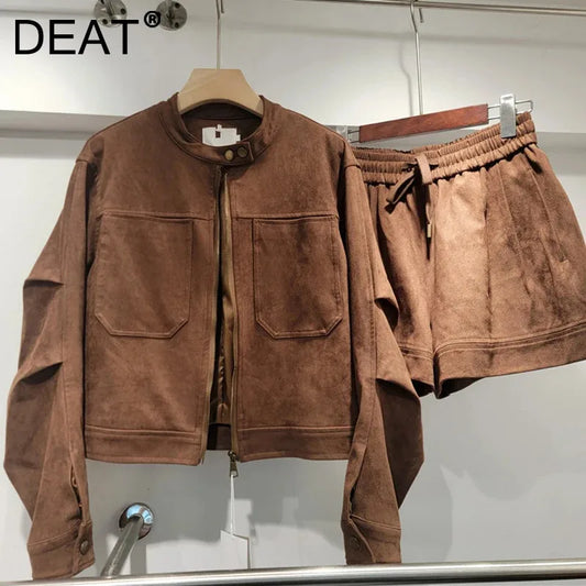 DEAT Fashion Loose Zipper Suede Short Coat For Women Drawstring Elastic Wasit Wide Leg Shorts Female Trendy 11A06048