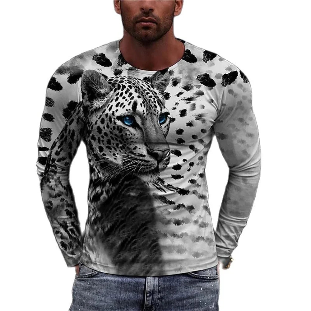 T-shirt da uomo vintage con stampa, maniche lunghe, stampa 3D tigre, girocollo ampio, abbigliamento uomo con animali, t-shirt oversize autunnale da uomo