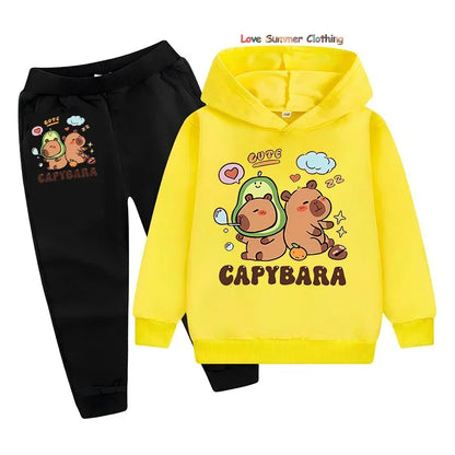 Set di 2 pezzi per bambine con felpa e pantaloni da jogging con stampa capibara, completo comodo per bambini, abbigliamento da gioco con capibara, lavabile in lavatrice, completo sportivo coordinato per tutti i giorni per ragazzi.