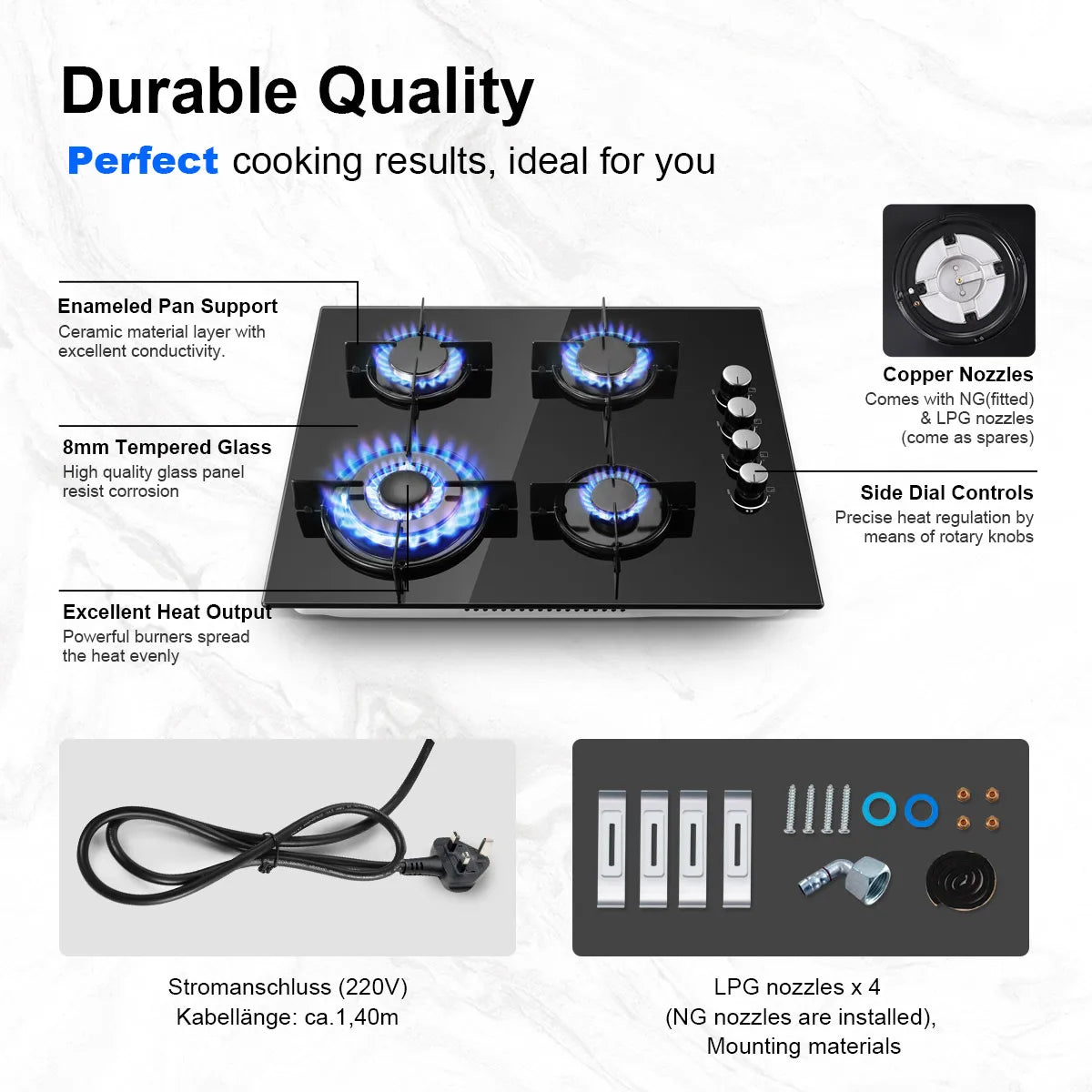 Piano cottura a gas da 60 cm con 4 fuochi, 8000 W, doppia alimentazione (gas naturale/propano), protezione automatica della fiamma, vetro temperato, installazione a incasso o a libera installazione, 220-240 V.