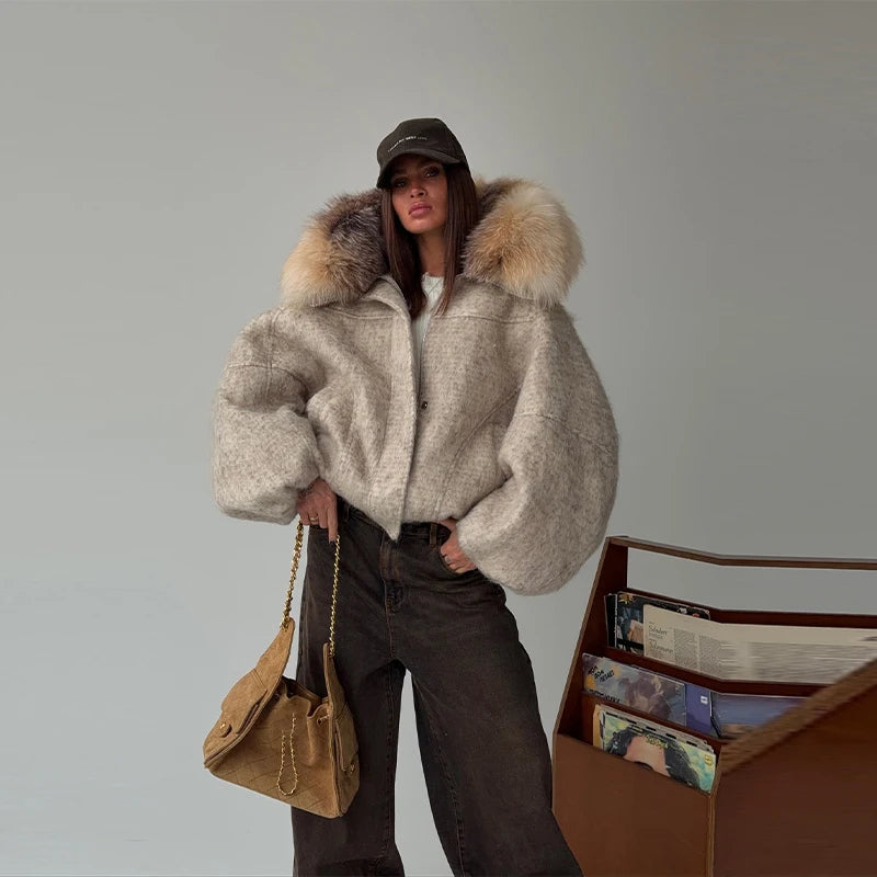 Oversized Winter Women's Coat Wide Faux Fur Collar Hooded Jacket Loose Single Breasted Outwears 2025 New Trendy Warm Lady Coats