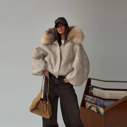 Oversized Winter Women's Coat Wide Faux Fur Collar Hooded Jacket Loose Single Breasted Outwears 2025 New Trendy Warm Lady Coats