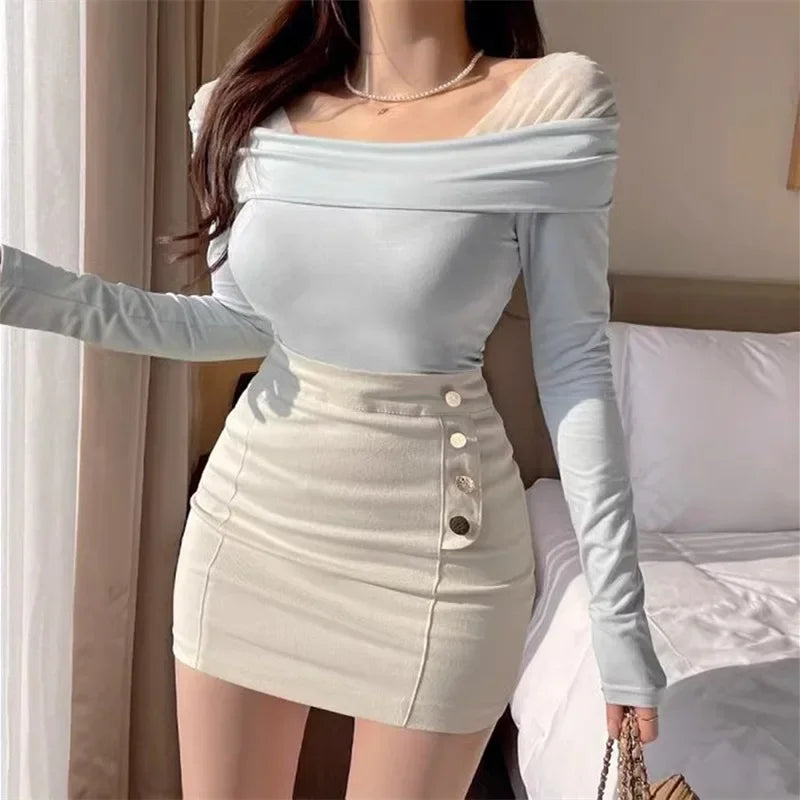 High Waist Metal Single Button Short Skirt Women's Fashion Spring Summer New Style Tight Fit Wrap around One Step Half Length Sk