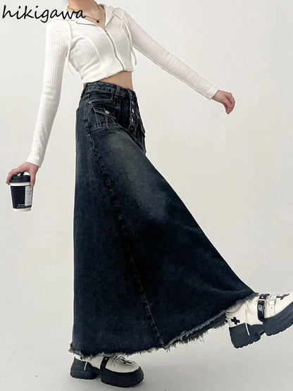Streetwear Y2k Skirt for Women 2025 Ropa Mujer High Waist A-line Vintage Jupe Fashion Casual Korean Saia Long Denim Skirts 7n185