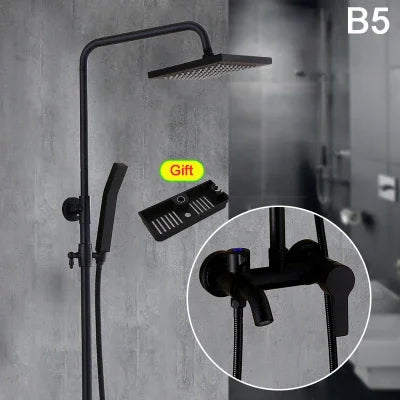 Bathroom Antique Black Painting Brass Lifting Column Wall Mount Shower Set 8" 3-Functions Hot Cold Rainfall Shower Mixer Tap