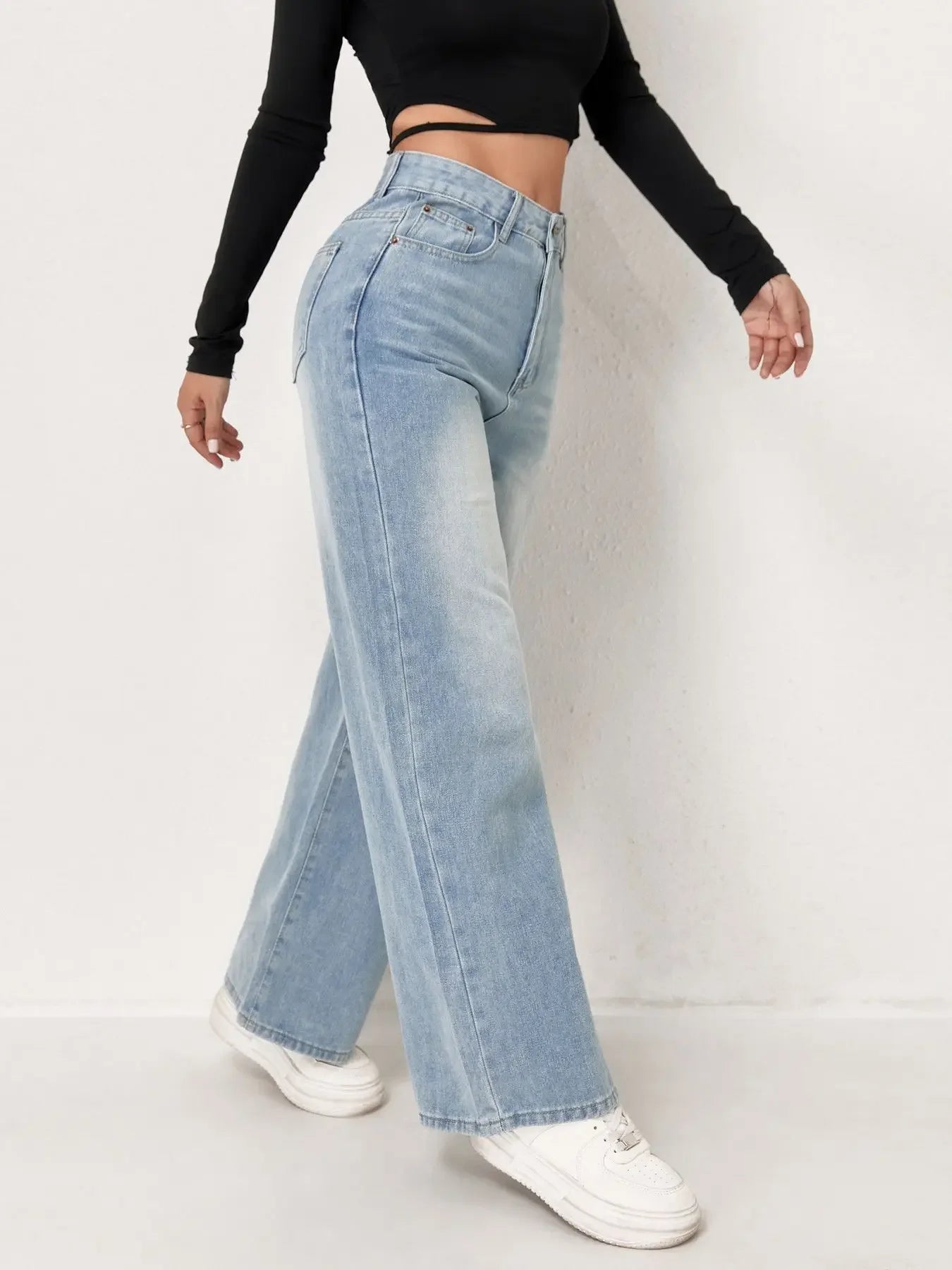 Jeans dritti a gamba larga effetto consumato alla moda per donna, pantaloni in denim casual elasticizzati a zampa d'elefante, bestseller, jeans da donna alla moda
