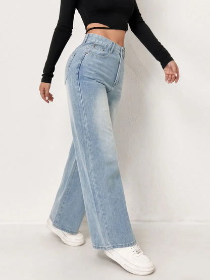 Jeans dritti a gamba larga effetto consumato alla moda per donna, pantaloni in denim casual elasticizzati a zampa d'elefante, bestseller, jeans da donna alla moda