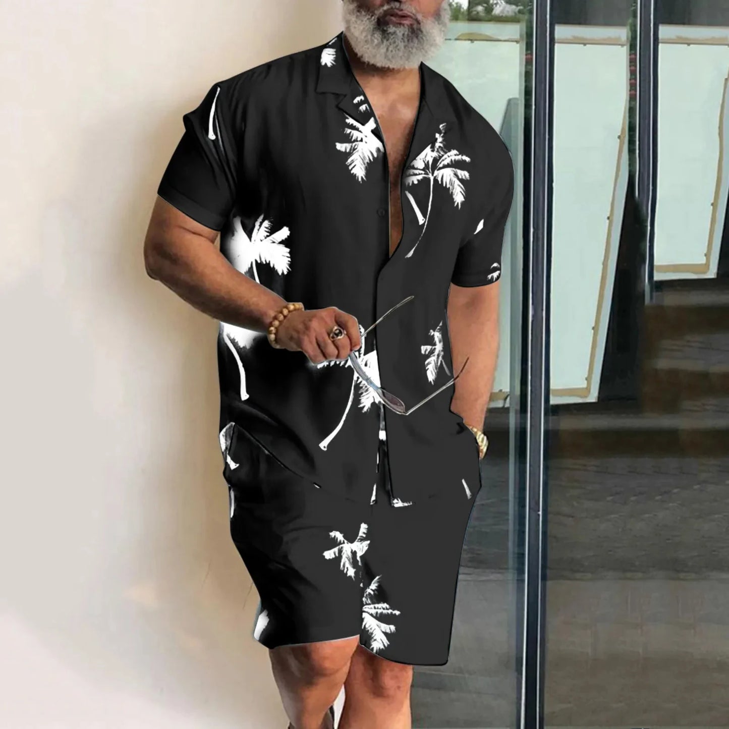 Completo da uomo con camicia a maniche corte e stampa 3D di palma da cocco, pantaloncini da spiaggia oversize, abbigliamento streetwear estivo e completi hawaiani.