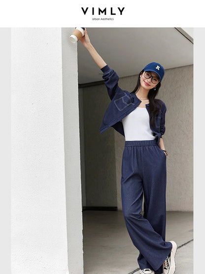 VIMLY Set di pantaloni primaverili da donna in due pezzi 2025 Abiti casual Giacca corta Pantaloni a gamba larga Novità Set coordinato Abbigliamento femminile 387