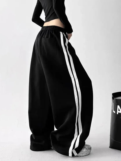 Y2K Vintage Striped Sweatpants Women Streetwear American Hip Hop Loose Pants Retro High Waist Casual Lace Up Spring Bf Trousers