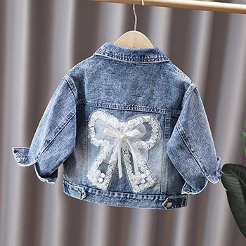 Giacca di jeans per bambine dai 2 ai 12 anni, nuova moda, cappotti in jeans per bambine, grazioso design con coniglietto e fiocco in pizzo, abbigliamento esterno per bambini