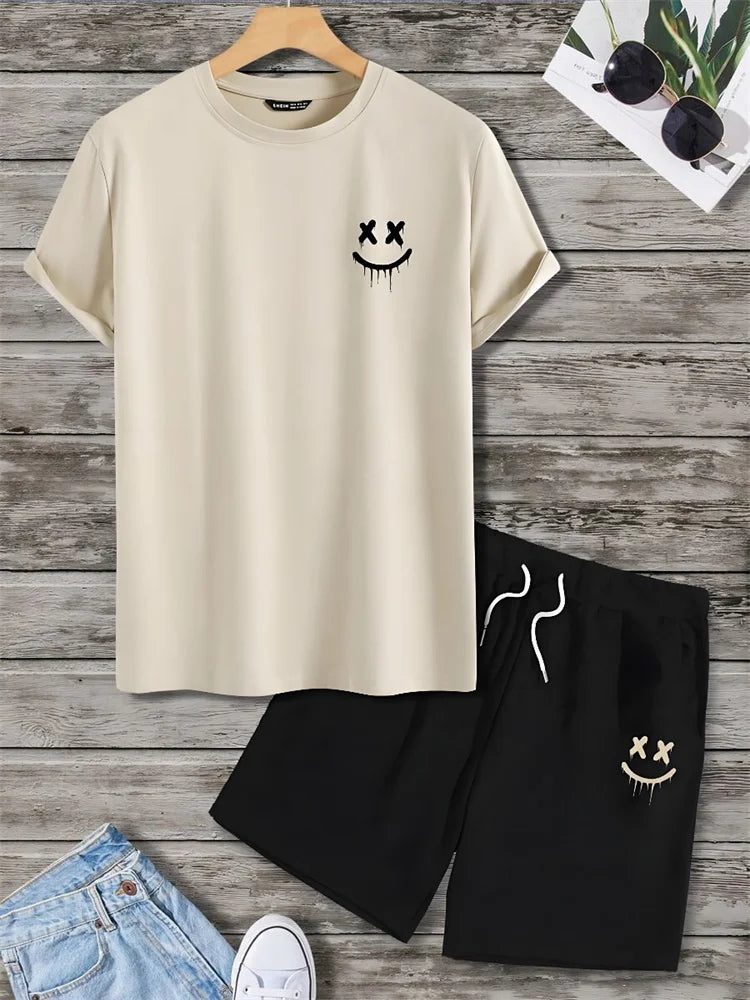 Completo estivo casual da uomo composto da 2 pezzi: pantaloncini a maniche corte con stampa hawaiana, t-shirt da uomo e pantaloncini da spiaggia per sport all'aria aperta.