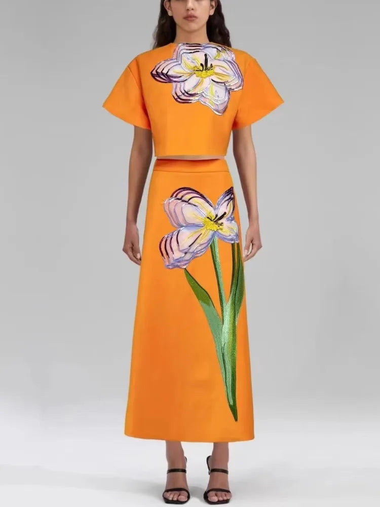 LGRQ 2025 New Summer Tound Neck Short Sleeves High Waist Printed Tshirt And A-line Long Skirt 2pcs