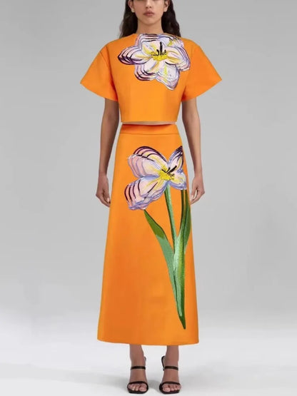 LGRQ 2025 New Summer Tound Neck Short Sleeves High Waist Printed Tshirt And A-line Long Skirt 2pcs