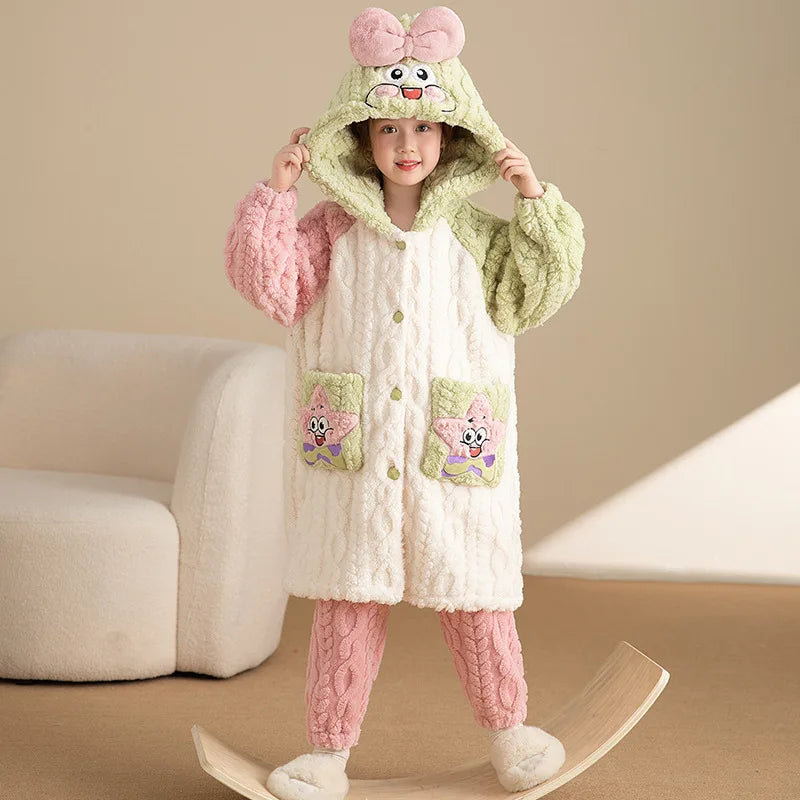 Stitch 2 pezzi pigiama in velluto Kawaii genitore-figlio Kawaii cartone animato anime bambine bambino accappatoio con cappuccio spesso caldo casual carino set di abbigliamento per la casa